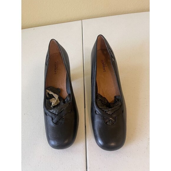 Strictly Comfort Womens Classic Pump Shoes Black Block Heels Leather 7 M - Picture 2 of 15